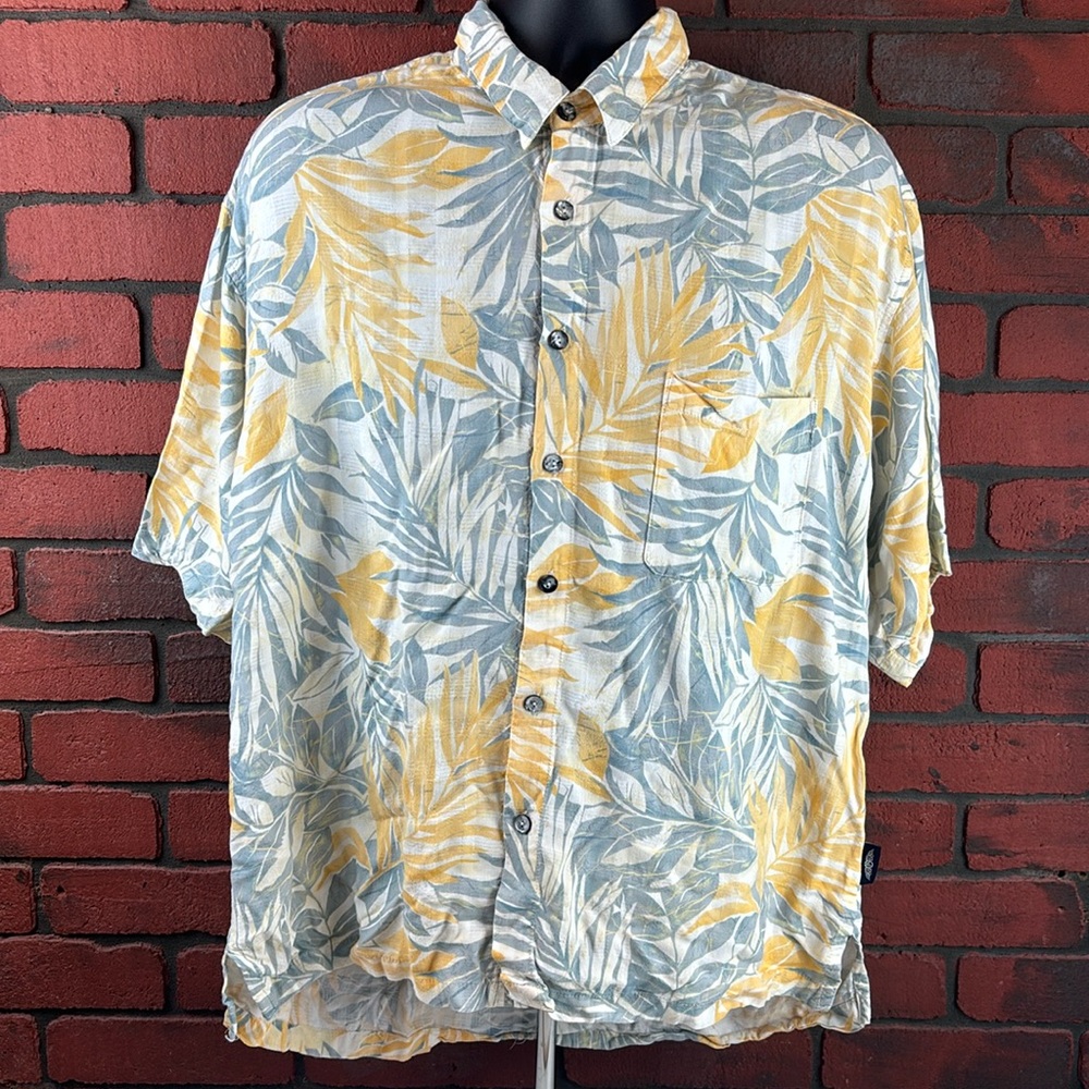 Straight Down Shirt Mens Large Tropical Yellow Silk‎ Button Down